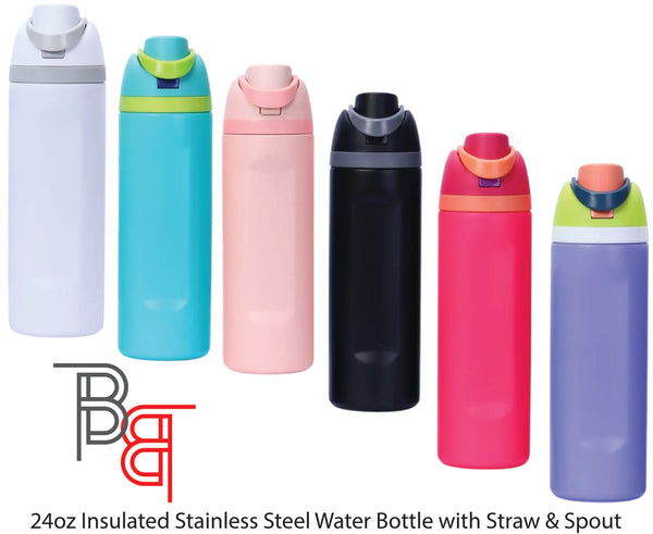 24oz Insulated Stainless Steel Water Bottle with Straw & Spout – Push-Button Lid with Lock For Engraving, UV DTF, HTV, Non Sublimation