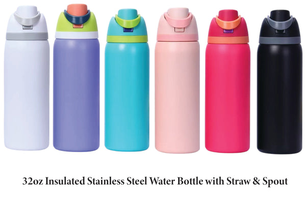 32oz Insulated Stainless Steel Water Bottle with Straw & Spout – Push-Button Lid with Lock For Engraving, UV DTF, HTV, Non Sublimation