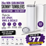 20oz Flat Bottom NON-Sublimation Skinny Stainless Steel Tumblers – Gloss White – 24 Pack
