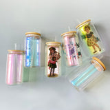 Sublimation Blank 16oz Iridescent Shimmer Glass Can Clear with Straw