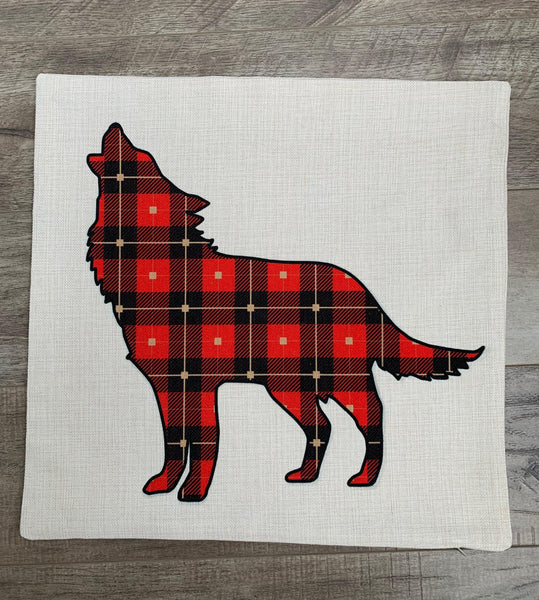 Linen Pillow Cover 18"x18" Plaid Wolf Print