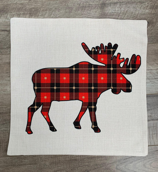 Linen Pillow Cover 18"x18" Plaid Moose Print