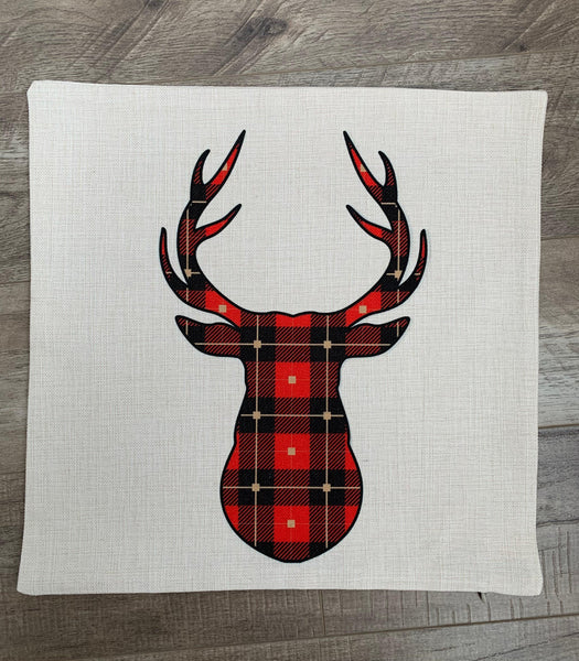 Linen Pillow Cover 18"x18" Plaid Deer Print