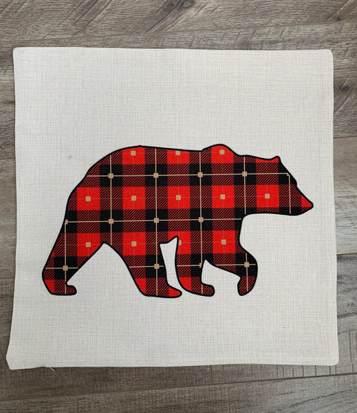Linen Pillow Cover 18"x18" Plaid Bear