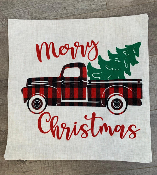 Linen Pillow Cover 18"x18" Plaid Tree Truck Print